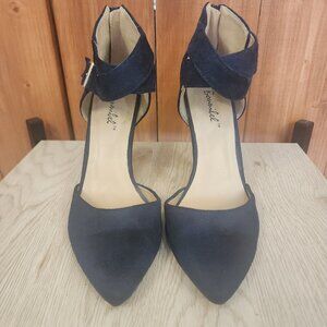 Bonnibel Navy Blue Suede-Like Ankle Strap Heels